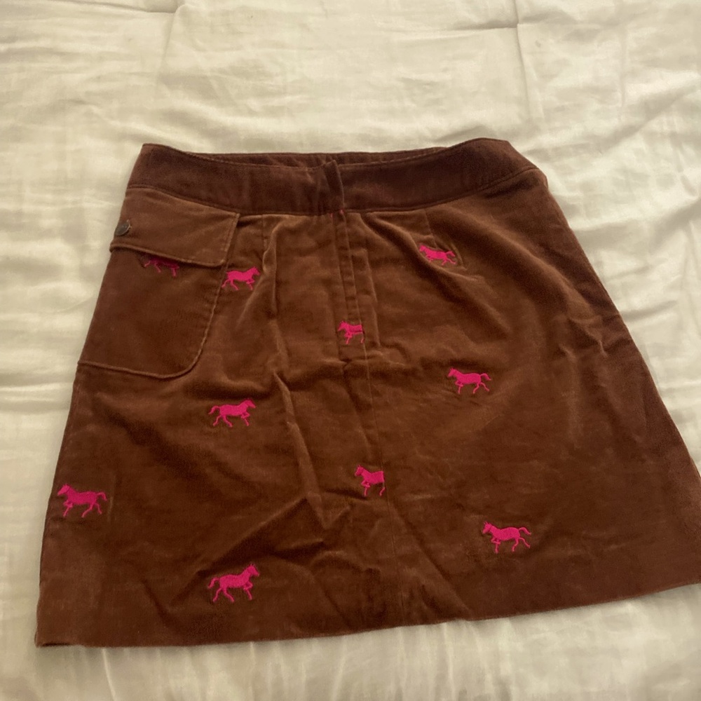 Woman’s brown cotton skirt with pink horse print, Lilly Pulitzer
